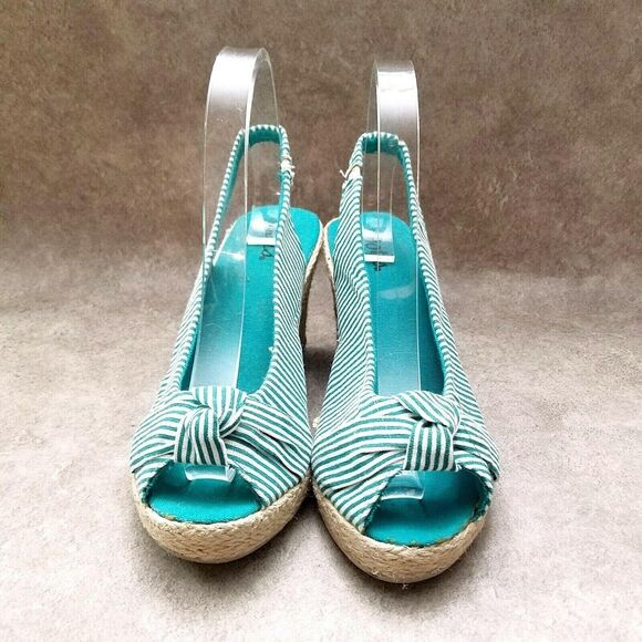 Dots Womens Joon 2  Sz 9 M Green Stripes Peep Toe Slingback 3.5" Heels Wedge - Picture 2 of 10